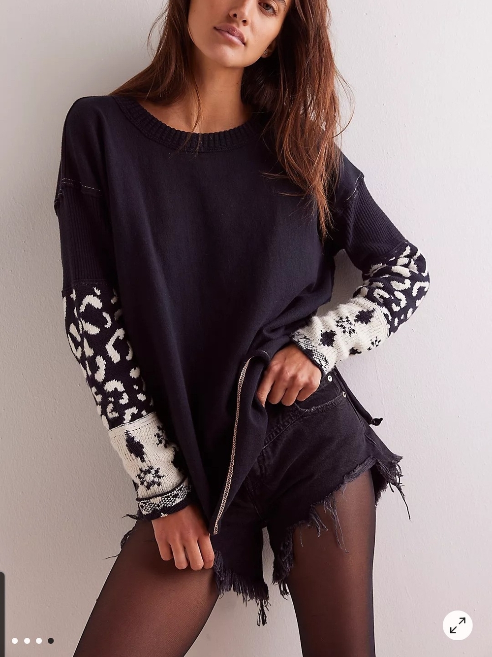 We The Free Black Sweatshirt with White Patterned Sleeves